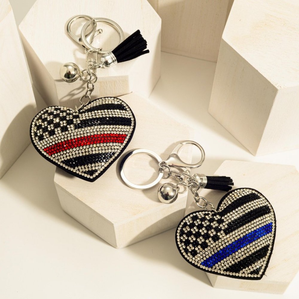 Rhinestone Plush First Responders Heart Keychain Featuring Tassel